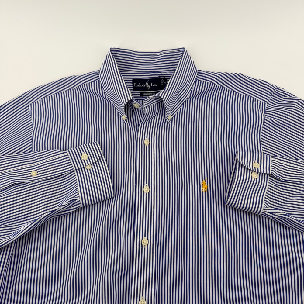 Ralph Lauren Classic Fit Striped Button Down Shirt Cotton Blue White 16L L